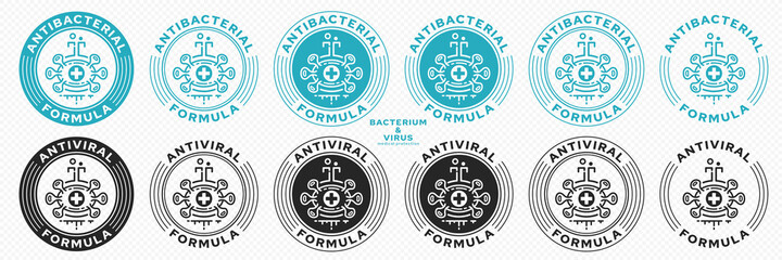 Concept for product packaging. Labeling - GMO-free. Chemical medical flask icon with microbe and liquid line - protection symbol. Vector set.