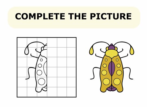 Complete the picture. Coloring book. Educational game for children. Cartoon vector illustration of cute little bug.