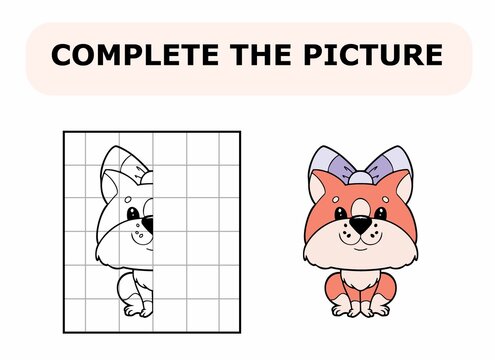 Complete the picture. Coloring book. Educational game for children. Cartoon vector illustration of cute little cat.
