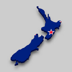 Fototapeta premium 3d isometric Map of New Zealand with national flag.