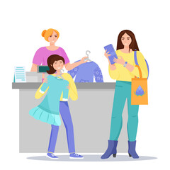 Fototapeta premium Mom and daughter shopping.Happy girl with new dress in her hands.