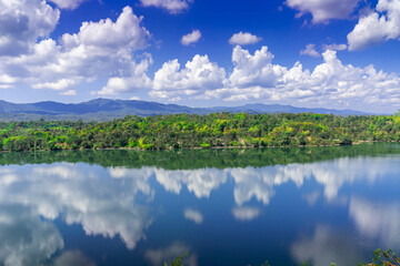 Lake with blue sky at the old lignite coal mine in Phayao Province, Thailand