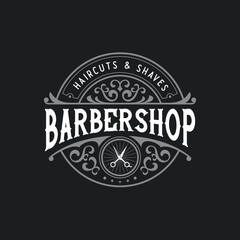 Barbershop haircut salon classic antique vintage retro round circular badge template stamp typographic logo with floral swirl ornament