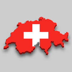 3d isometric Map of Switzerland with national flag.