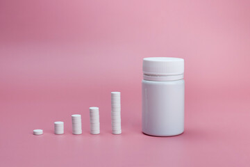 Bank and pills in columns on a pink background.