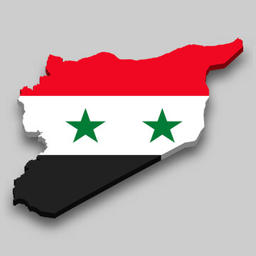 recommend clip art: 3d isometric Map of Syria with national flag.