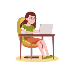 Fototapeta na wymiar Woman working with laptop at home. Vector illustration in flat design.