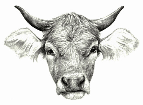 Cow head isolated on white background. Pencil drawing