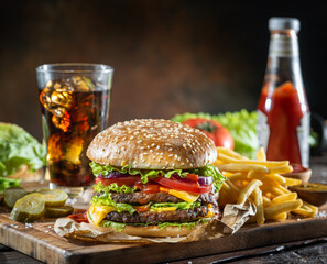 Delicious burger with cola and potato fries on a wooden table with a dark brown background behind. Fast food concept.