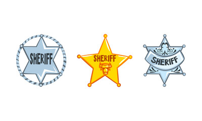 Sheriff Stars Badges Set, Western Ranger Sheriff Signs Cartoon Vector Illustration