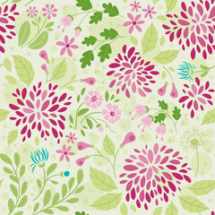 Fototapeta na wymiar Spring flowers, garden - Seamless pattern in a flat style. Spring mood. Vector Background for fabric, textile, wallpaper, poster, web site, card, gift wrapping paper 
