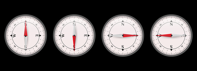 The compass shows north, south, west and east. 3D vector illustration isolated on black background. © Ivan Burchak