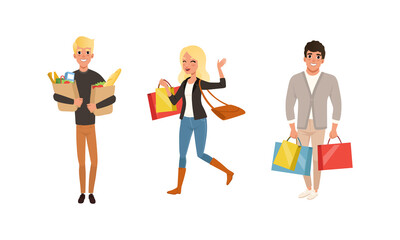 People with Shopping Carts and Bags Set, Cheerful Young Men and Women Purchasing at Store, Shop or Mall Cartoon Vector Illustration