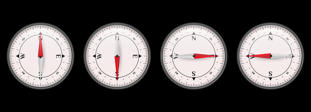 The compass shows north, south, west and east. 3D vector illustration isolated on black background.