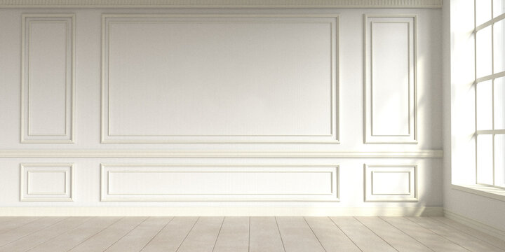 Modern classic white empty interior with wall panels and wooden floor. 3d render illustration mock up.