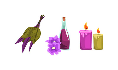 Spa Symbols Set, Aroma Candles, Bottle of Oil, Herbs, Natural Treatment, Skincare, Beauty Procedure, Body Wellness Cartoon Vector Illustration