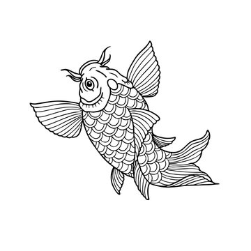 Hand drawn koi fish, linear illustration, contour drawing. Japanese tattoo. Isolated on white background. Vector illustration.