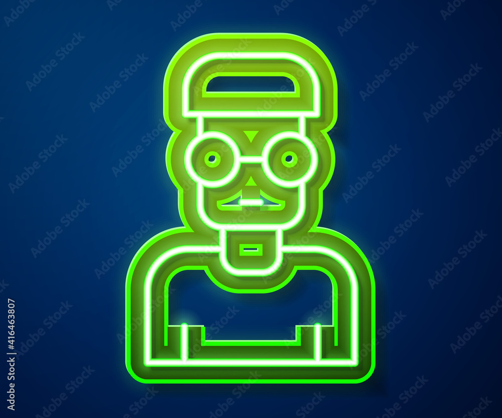 Poster glowing neon line nerd geek icon isolated on blue background. vector.