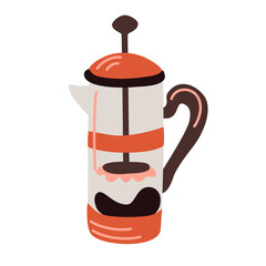 French press - a simple device for brewing coffee. Coffee maker doodle, hand drawn styles. Vector flat material design isolated on white.