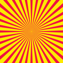 Retro starburst, sun rays. Centric red and yellow sunburst vector pattern, sun burst retro vintage texture pattern. Flat vector illustration on yellow background.
