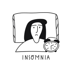 Insomnia concept. Woman have problem with sleep at night. Outline illustration on white background.