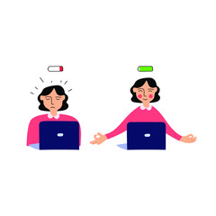 Obraz premium One woman burnout and have stress and another meditates at work. Illustration on white background.