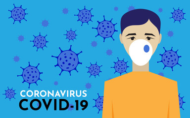 Novel coronavirus (2019-nCoV), man in white medical face mask, respirator. Virus molecules around the person. Inscription in large letters. Concept of coronavirus quarantine illustration.