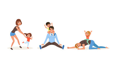 Fototapeta na wymiar Tired Parents and Their Children Set, Stressed Exhausted Dads and Mom with Naughty Kids, Parenthood Concept Cartoon Vector Illustration