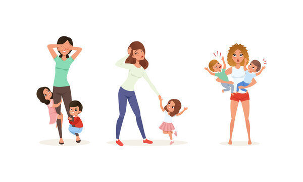 Tired Mothers and Their Children Set, Stressed Exhausted Moms with Naughty Kids, Parenthood Concept Cartoon Vector Illustration