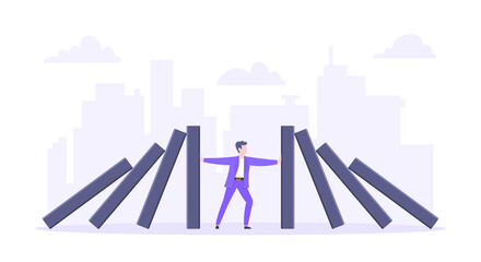 Domino effect or business resilience metaphor vector illustration concept. Adult young businessman pushing falling domino line business concept of problem solving and stopping domino chain reaction. - obrazy, fototapety, plakaty