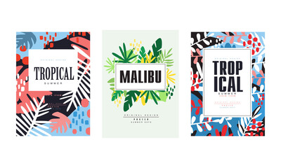 Fototapeta premium Tropical Summer Banner Templates Set, Malibu Poster, Card, Background, Flyer, Invitation with Tropical Exotic Floral Vector Illustration