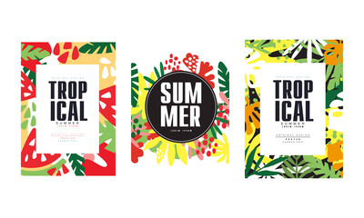 Tropical Banner Templates Set, Summer Poster, Card, Background, Flyer, Invitation with Tropical Exotic Floral Design Vector Illustration