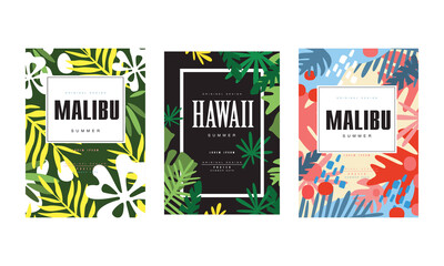 Malibu, Hawaii Summer Banner Templates Set, Tropical Poster, Card, Background, Flyer, Invitation with Exotic Seamless Pattern Design Vector Illustration