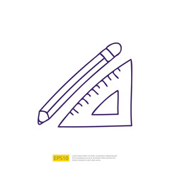 pencil and triangle ruler doodle icon for education and back to school concept. stroke line sign symbol vector illustration