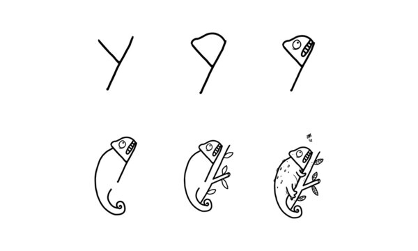 how to draw a chameleon from Y step by step. easy and fun activity for kids development and creativity. tutorial of drawing animal and object from alphabet series in vector illustration. 