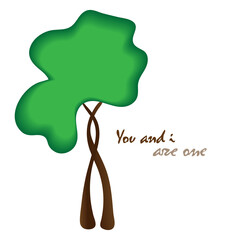 Two trees in love embrace and intertwine with crowns merging into a single whole. Vector postcard. The image is isolated on a transparent background.