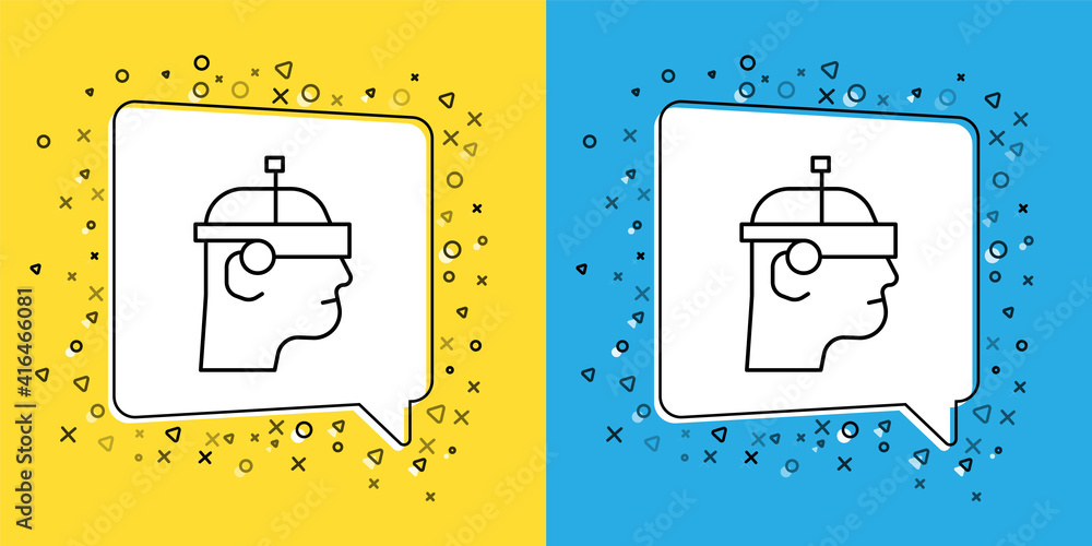 Poster set line smart glasses mounted on spectacles icon isolated on yellow and blue background. wearable e