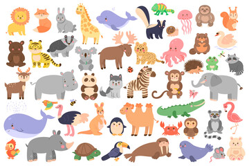 Obraz na płótnie Canvas Big set of cute animals in cartoon style isolated on white background. Vector graphics.