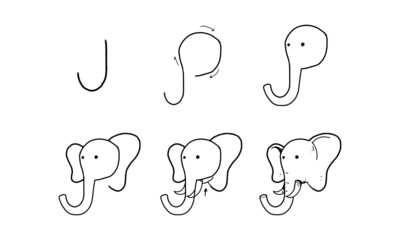 how to draw a cute elephant from G step by step. easy and fun activity for kids development and creativity. tutorial of drawing animal and object from alphabet series in vector illustration. 