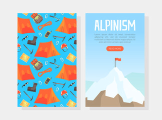 Alpinism Landing Page, Mountaineering, Climbing and Adventure Web Page, Onboard Screen Interface Cartoon Vector Illustration