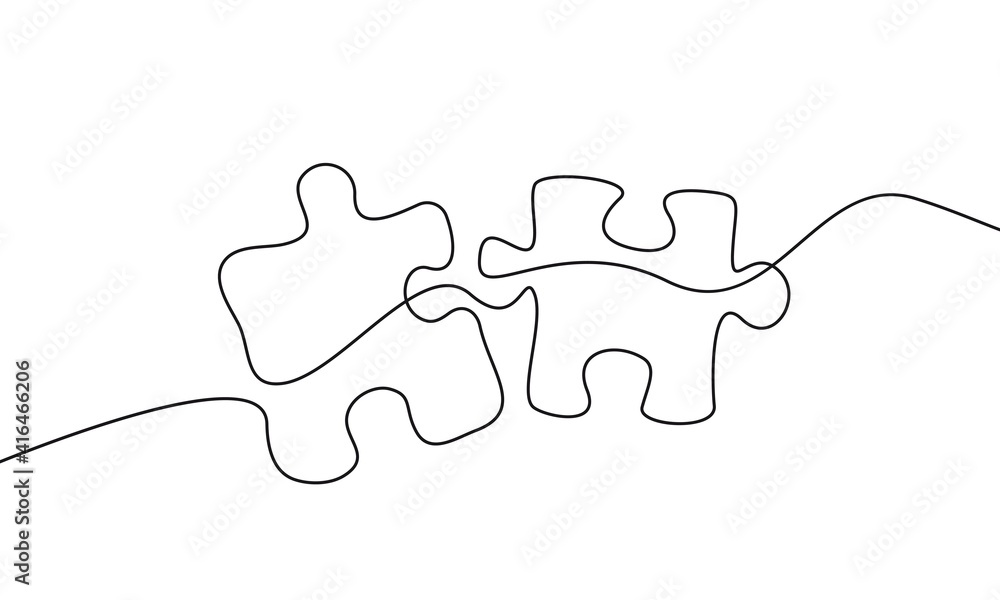 Poster continuous one line drawing of puzzle black sketch on white background. puzzle simple one line illus