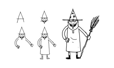 how to draw a wizard from A step by step. easy and fun activity for kids development and creativity. tutorial of drawing animal and object from alphabet series in vector illustration. 