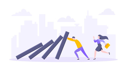 Domino effect or business resilience metaphor vector illustration concept. Adult young businessman pushing falling domino line business concept of problem solving and stopping domino chain reaction.