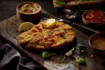 Delicious schnitzel with lemon and sauce