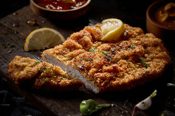 Appetizing dinner with schnitzel and lemon