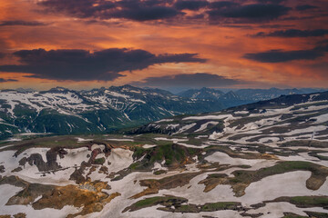 Panoramic view of the city Petropavlovsk-Kamchatsky and volcanoes: Koryaksky Volcano, Avacha Volcano, Kozelsky Volcano. Russian Far East, Kamchatka Peninsula.