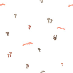 Hand drawn watercolor illustration. Seamless pattern. Elements isolated on a white background. Silhouettes of mushrooms and jumping squirrels. Brown. Ecology. Counry. Vintage