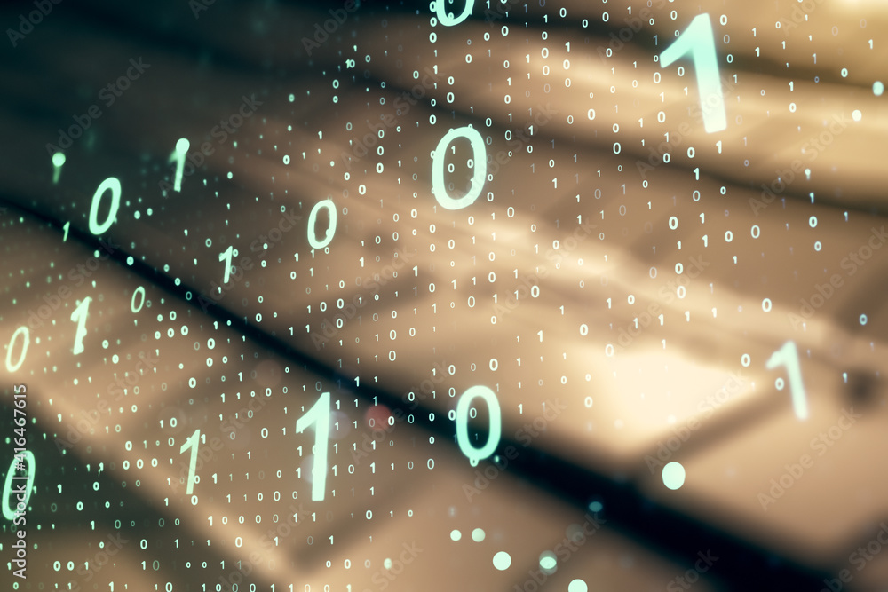 Poster abstract virtual binary code sketch on shiny metal background, hacking and matrix concept. multiexpo