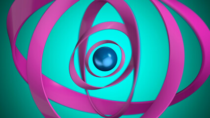 Circularpink rings orbiting around a blue sphere in an abstract design 3d render