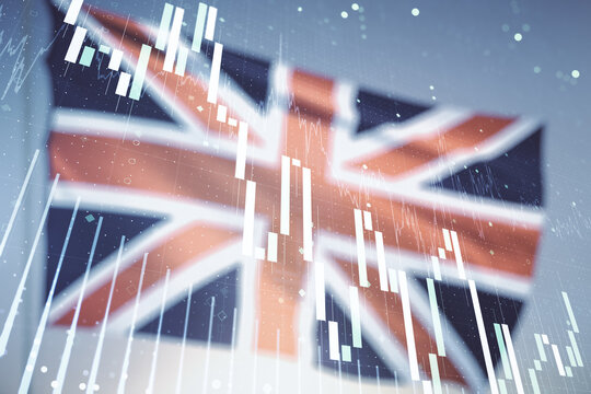 Multi exposure of virtual abstract financial diagram on flag of Great Britain and blue sky background, banking and accounting concept - Powered by Adobe